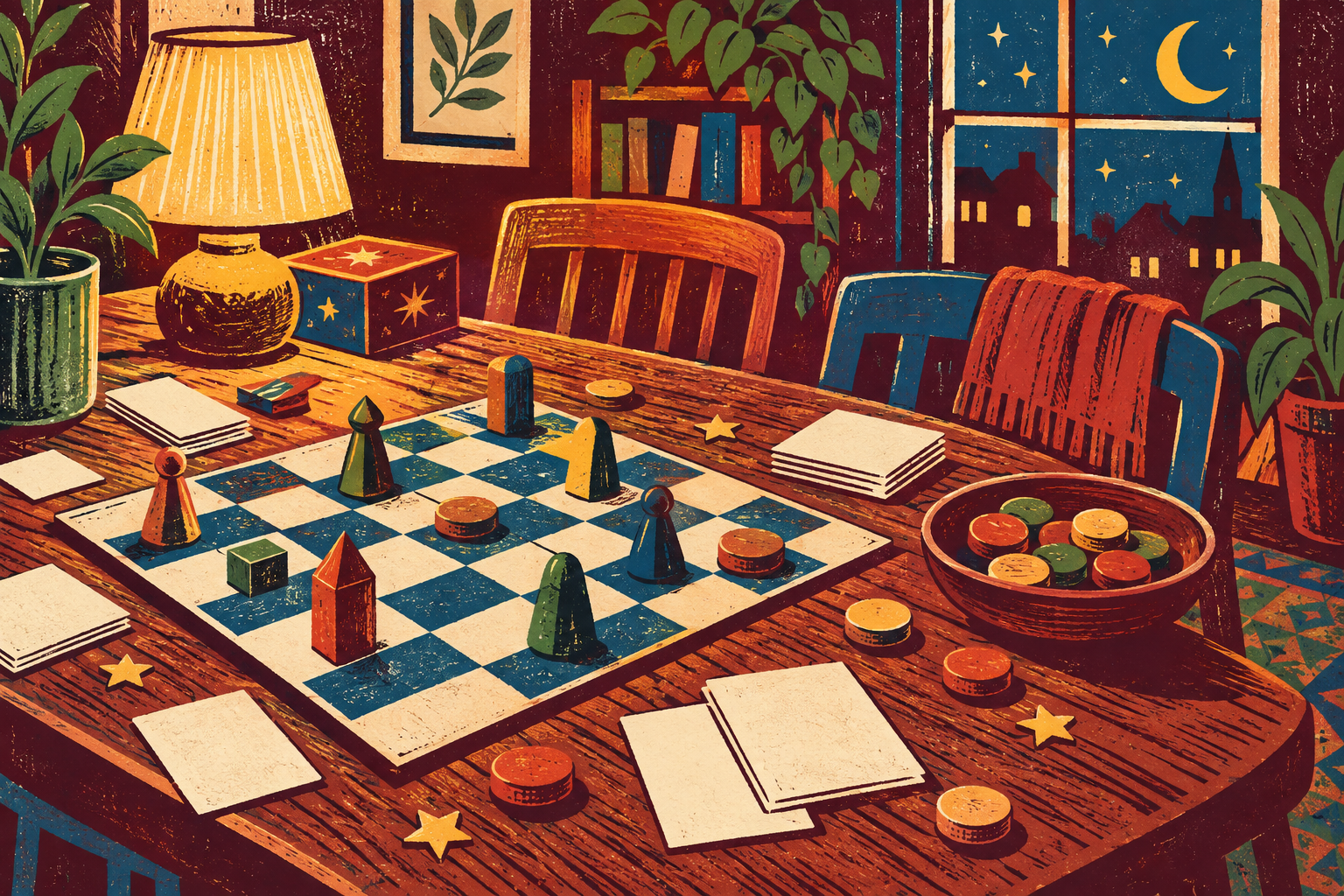 A colorful print-style tabletop with abstract game pieces and wooden tokens